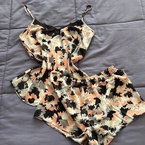 Silky pastel floral lacey matching pajama set